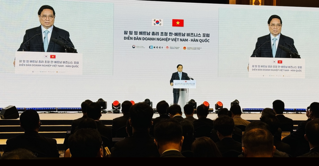 Vietnam's Prime Minister Pham Minh Chinh speaks at Vietnam-Korea Business Forum at Lotte Hotel in Jung-gu, Seoul on Monday.(Sanjay Kumar/ The Korea Herald)