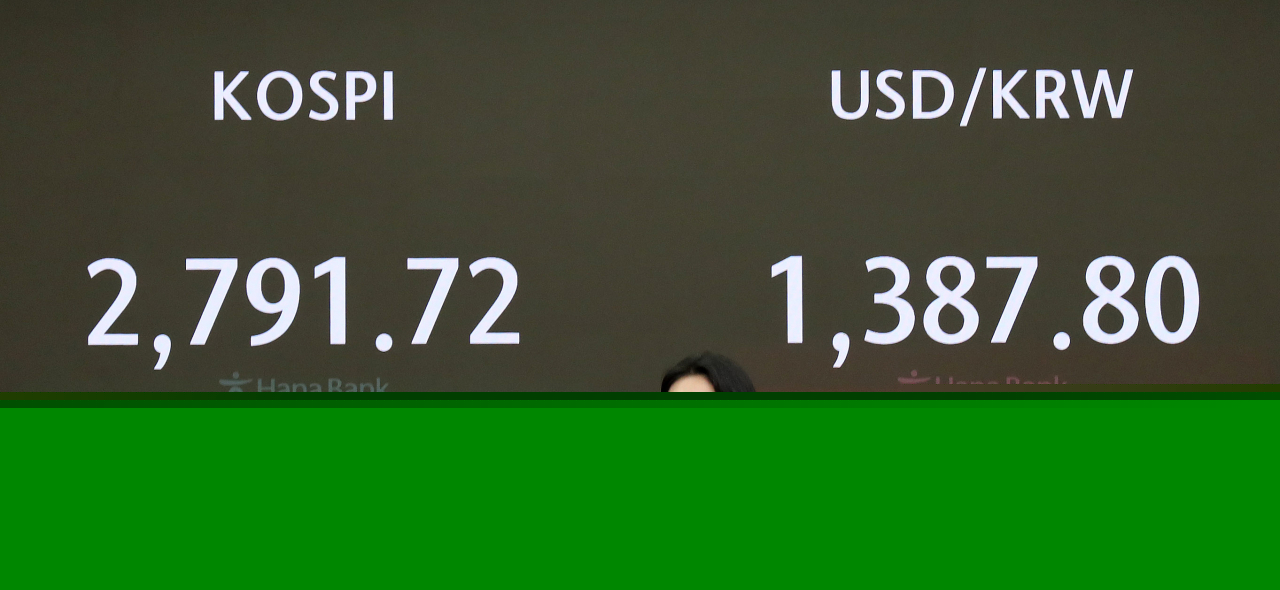An electronic board showing the Korea Composite Stock Price Index at a dealing room of the Hana Bank headquarters in Seoul on Monday. (Yonhap)