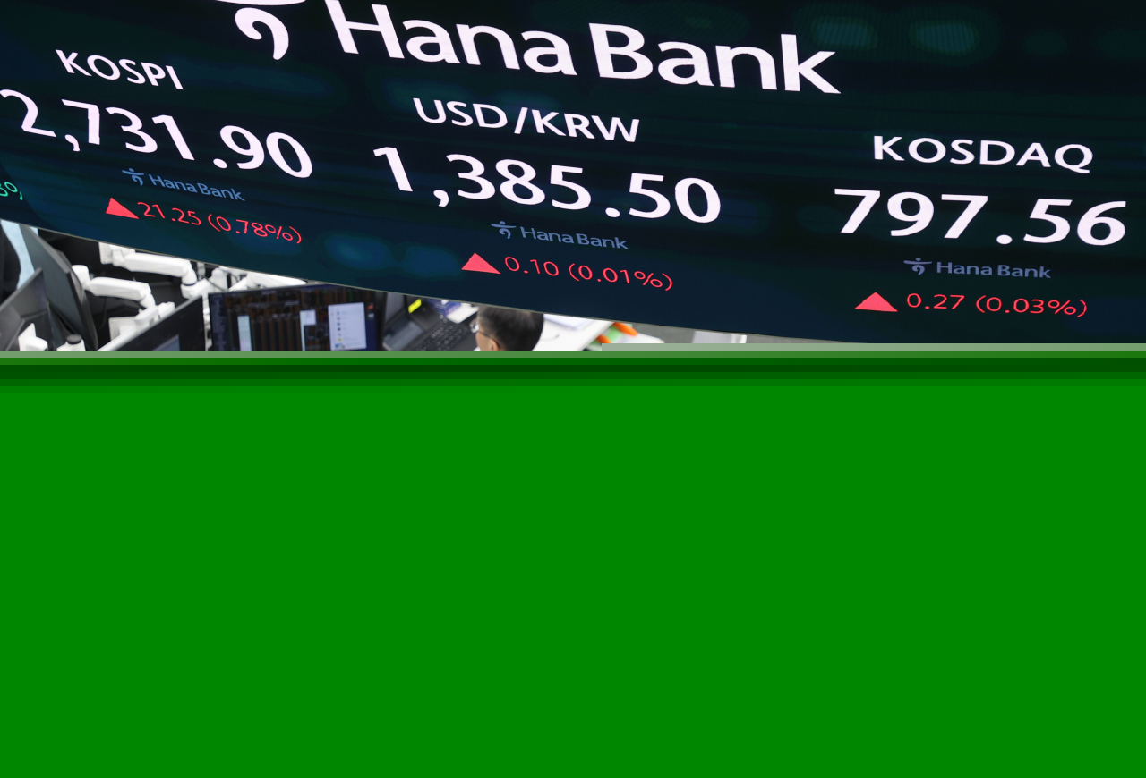 An electronic board showing the Korea Composite Stock Price Index at a dealing room of the Hana Bank headquarters in Seoul on Friday. (Yonhap)