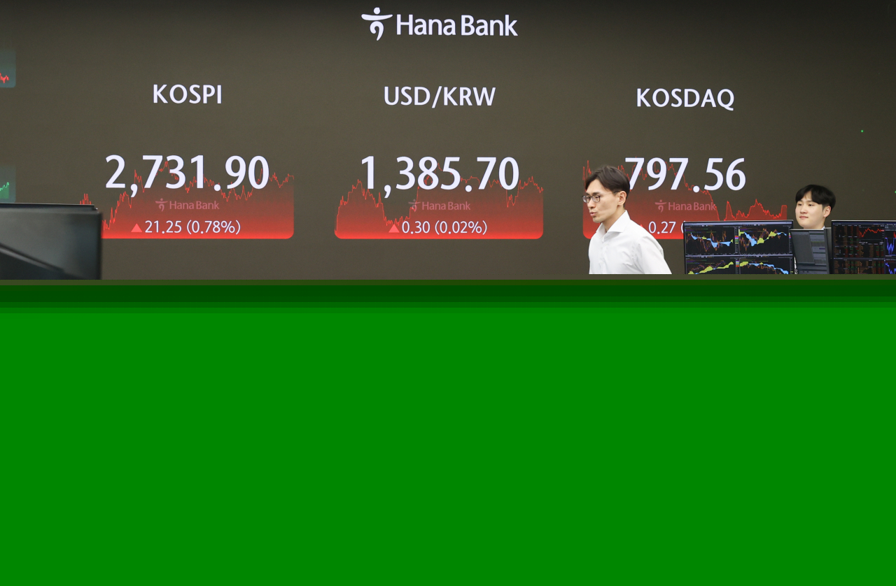 A digital sign at a Hana Bank dealing room in Seoul shows the benchmark Korea Composite Stock Price Index added 21.25 points, or 0.78 percent, to close at 2,731.90, on Friday. (Yonhap)