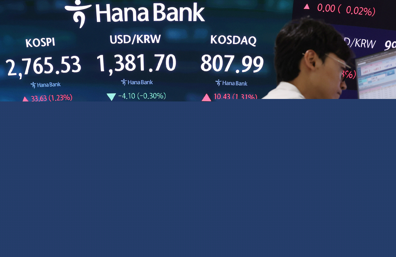 An electronic board showing the Korea Composite Stock Price Index at a dealing room of the Hana Bank headquarters in Seoul on Monday. (Yonhap)